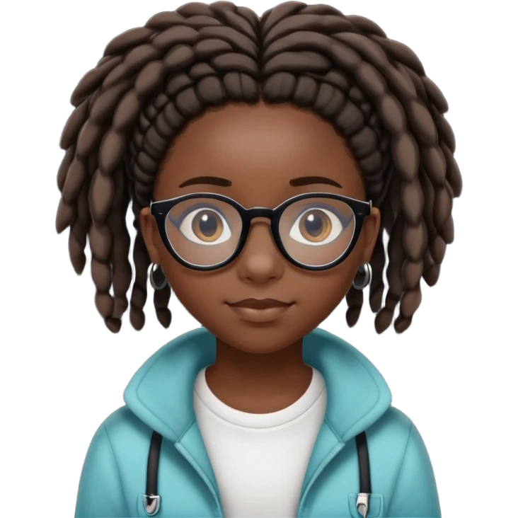 Black 13 year old girl with short locs as a hairstyle and a cowry on the front loc and glasses. emoji