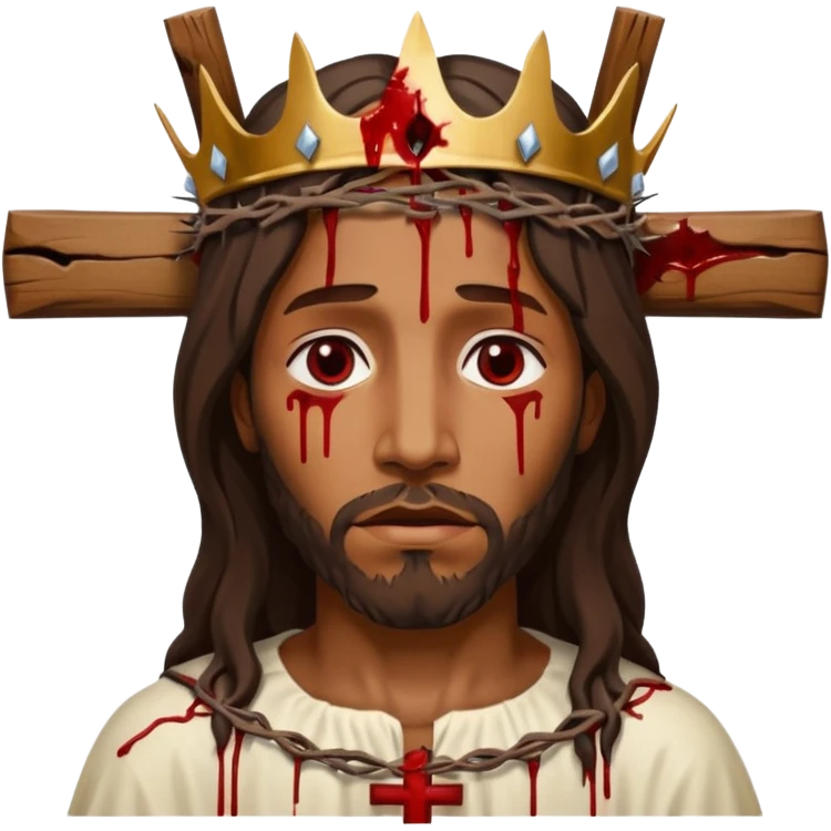 African American Jesus Christ bleeding on wooden cross with crown of thorns on his head emoji