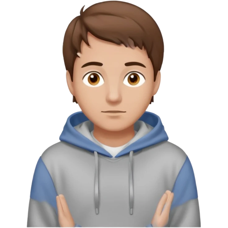 Uomo adulto barbuto capello moro occhi marroni metà busto e vestito con una felpa grigia e maglietta bianca emoji