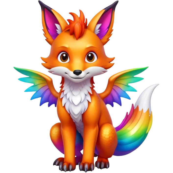 Animated Fox dragon hybrid with wings face front full body rainbow colored emoji