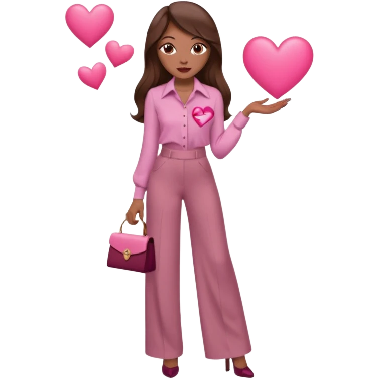  emoji, inspired with brunette hair, brown eyes, long hair, heart shape lips and pink make up  and pink nails, mauve pink blush and brown wide leg pants, burgundy shoulder drop shirt, brown heels , princess hair, brown heels, no floating hearts  emoji