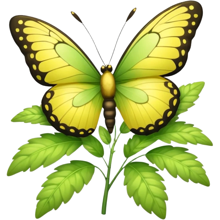 A fluffy bush with soft light-green foliage and a small butterfly emoji