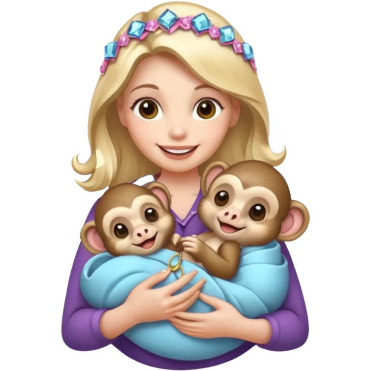 woman holding baby monkeys with ribbons and crystals emoji