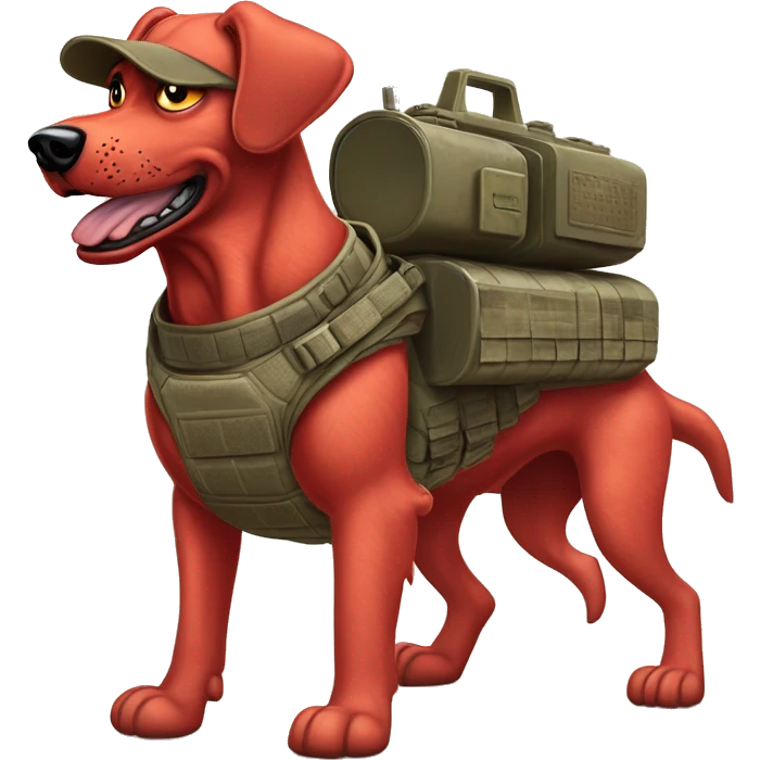 Desert storm Clifford the big red dog muscular with tattoos on arms book illustration humanoid as a military call of duty character standing alone emoji