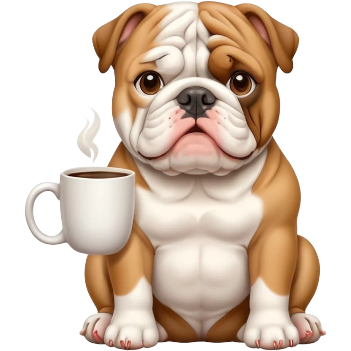 English bulldog sitting patiently with a coffee mug emoji