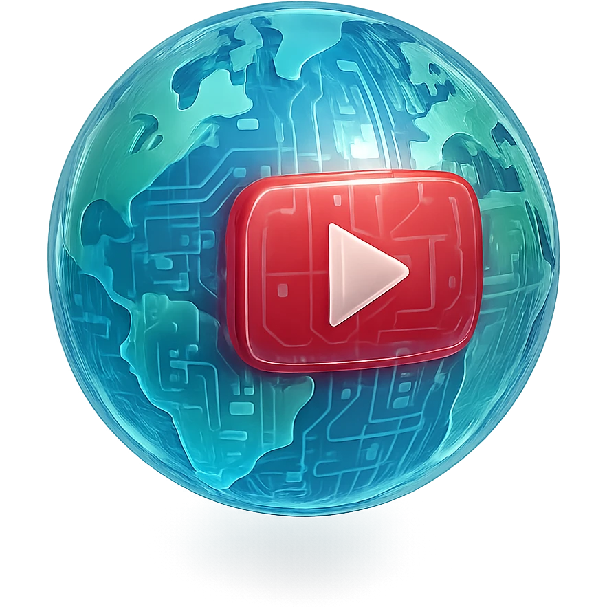 globe with YouTube play button, glossy circuit style emoji