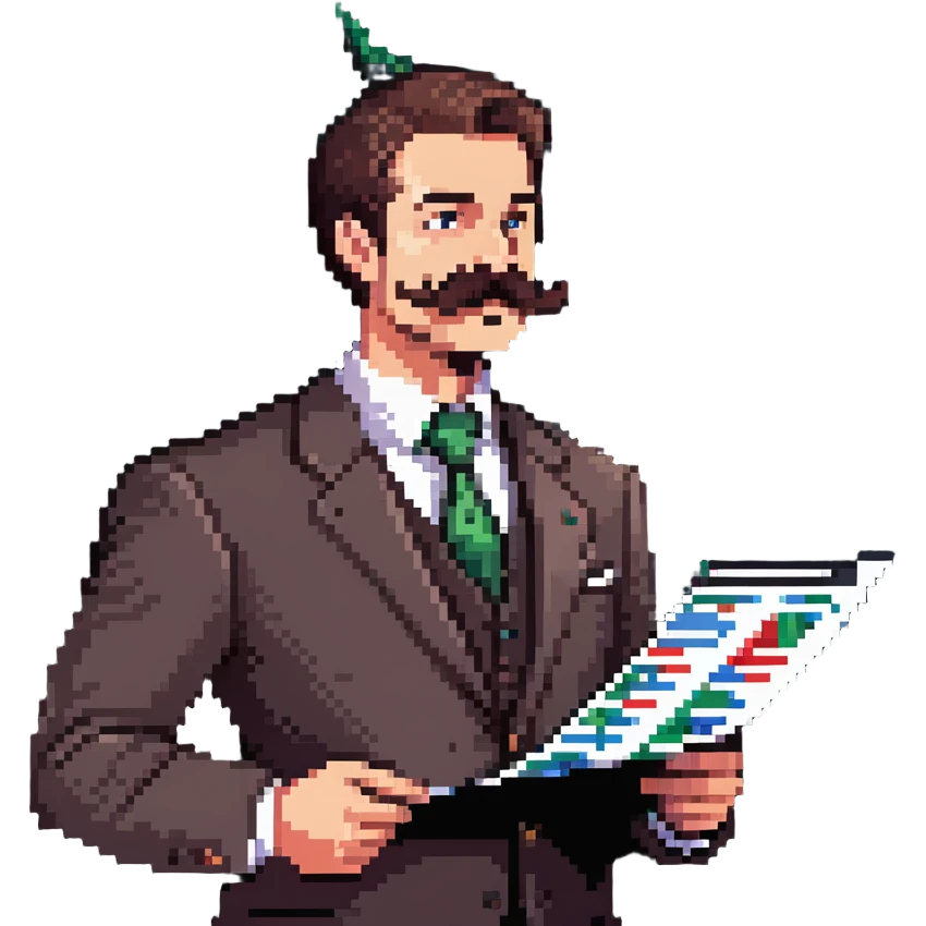 Finance guy with massive handlebar mustache, business attire, stock market chart emoji