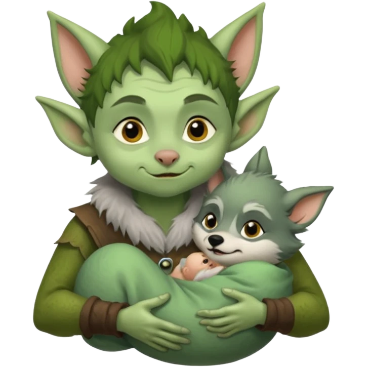 A little goblin nursing a baby wolf emoji
