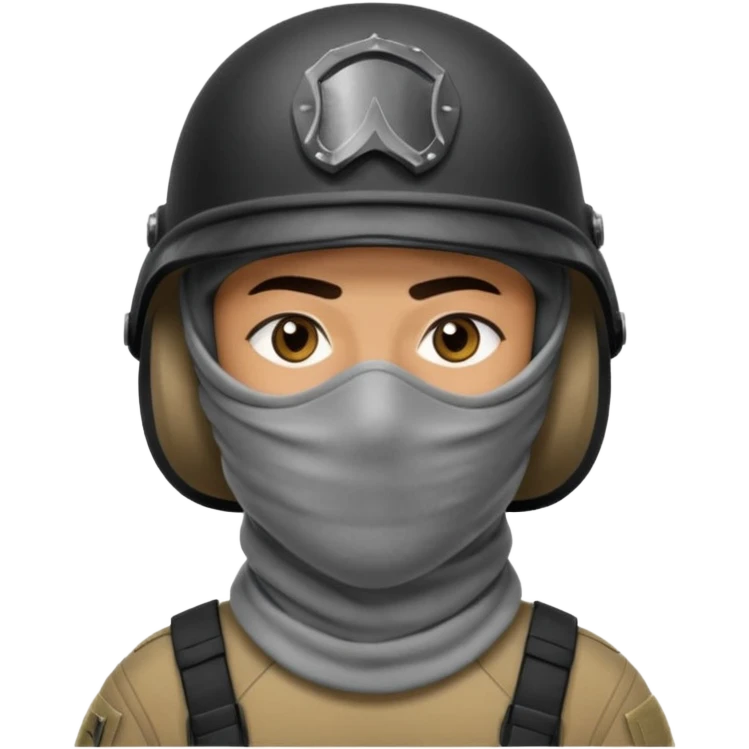 
an Iraqi soldier with a serious face, wearing a helmet and a balaclava covering his mouth emoji