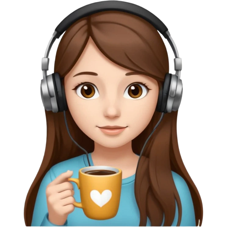Girl with long brown hair and long eyelashes wearing headphones and holding a cup of coffee emoji