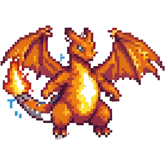 pixel art Charizard, breathing fire emoji