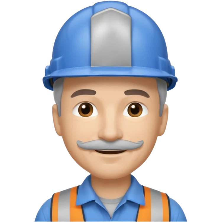 A man emoji with light skin, wearing a blue construction helmet, short gray hair on the sides, straight eyebrows, brown eyes, a small nose, and a thin gray mustache above his smiling mouth. emoji