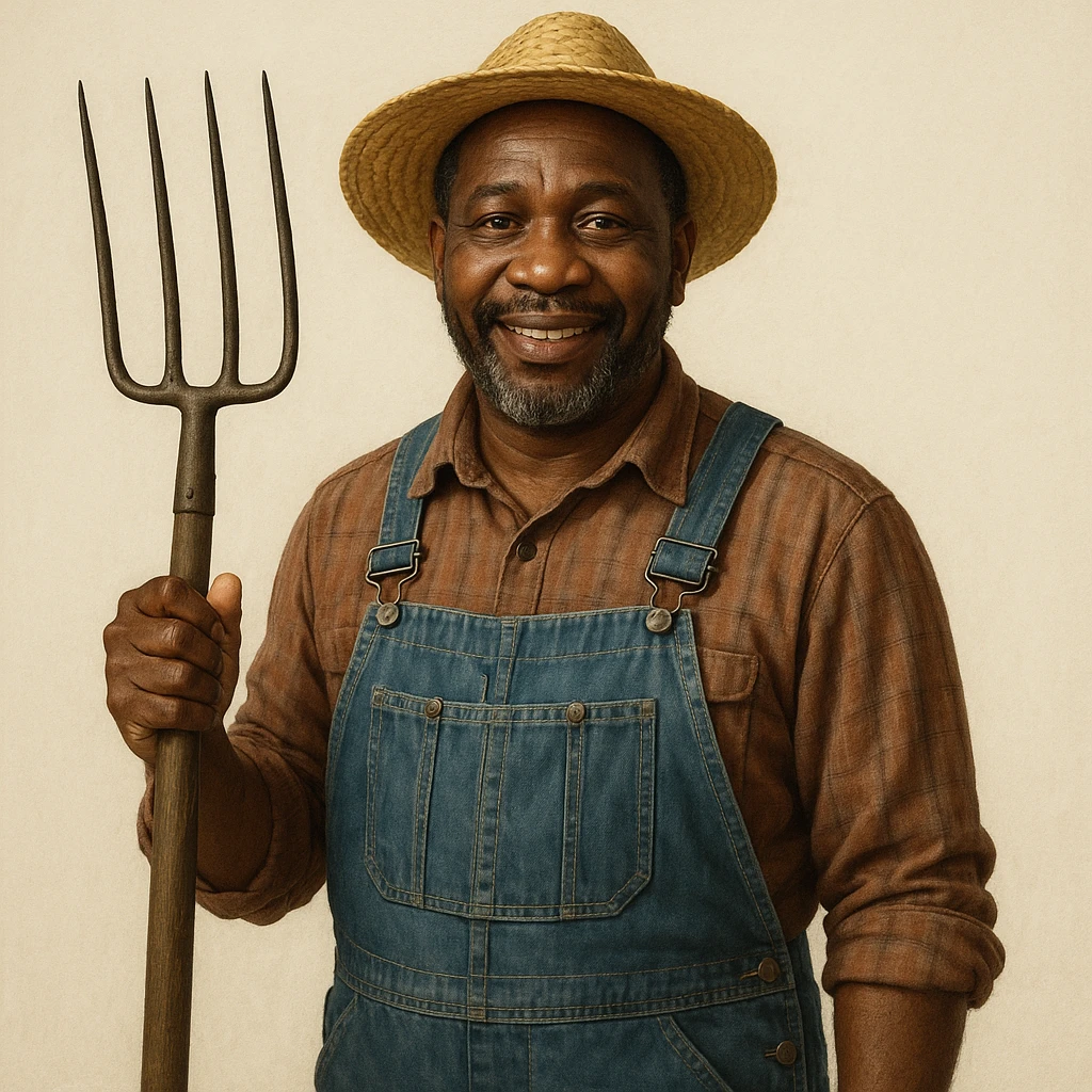 Black man farmer, standing, holding a pitchfork, wearing overalls and a straw hat, friendly expression, simple background emoji