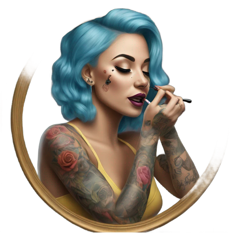 Hyper Realistic Beautiful tattooed woman applying her makeup in a mirror  emoji