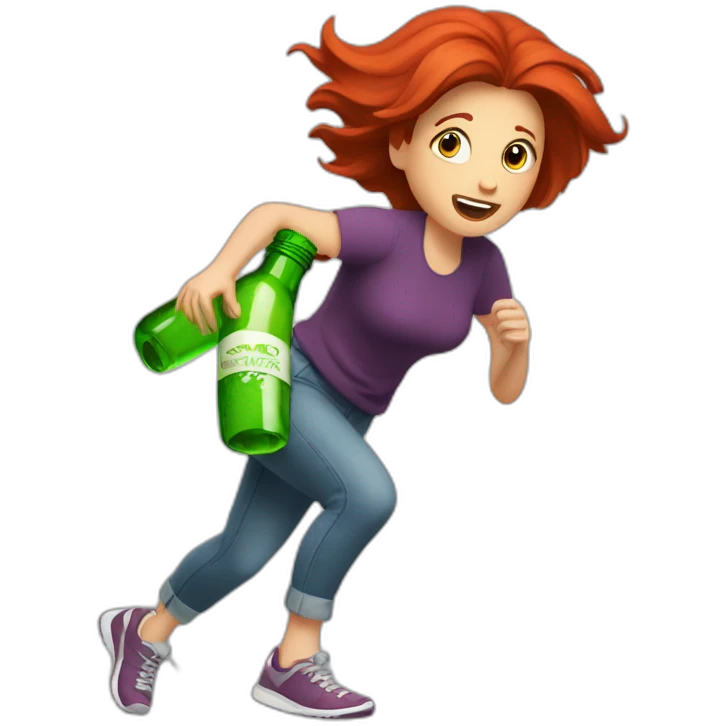 red-haired woman runs under her feet a broken bottle emoji
