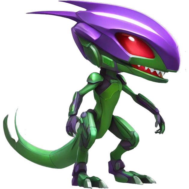 a shiny purple-green-red Genesect-Raptor-Fakémon—hybrid with a futuristic visor-helmet full body emoji