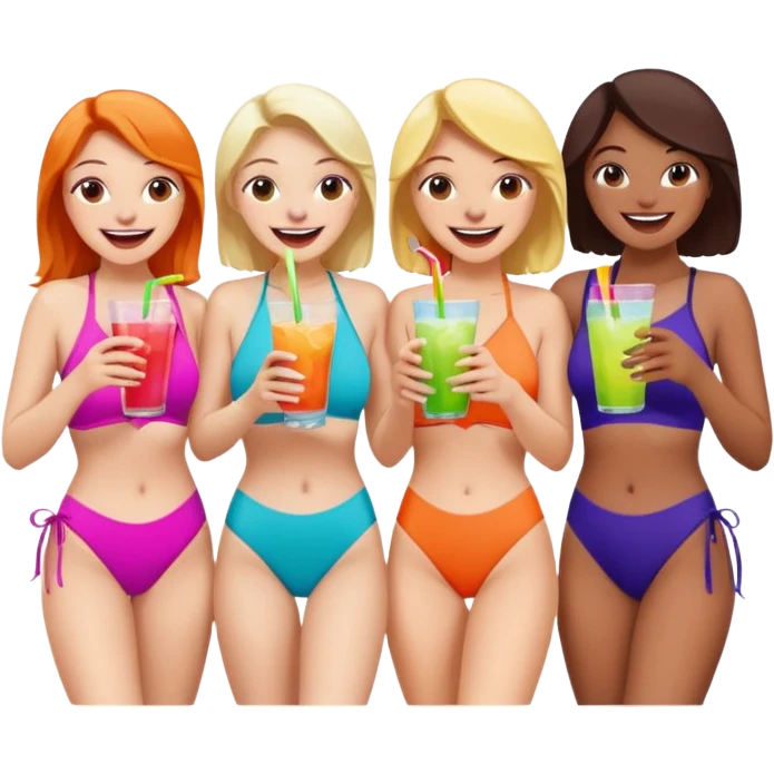  4 amigos en bañador riendo con bebidas en la mano emoji