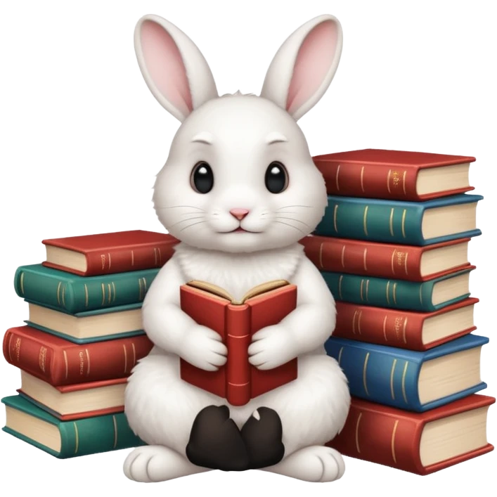 White rabbit sitting next to a stack of books consisting of 3 books emoji