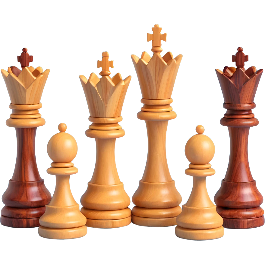 three chess queens made of mixed exotic woods, luxury style, 3D, grouped emoji