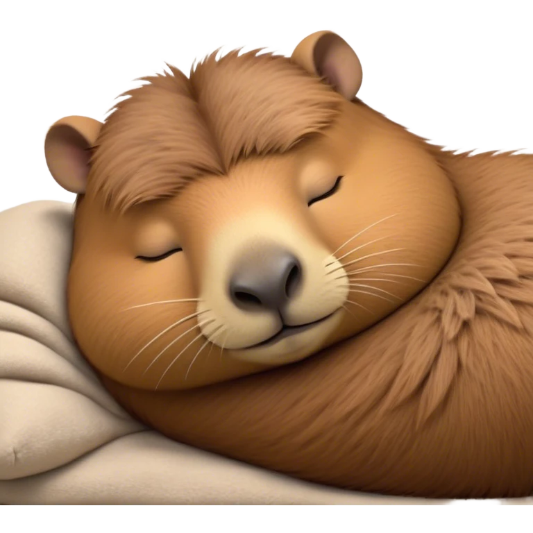 Meme-Worthy Cute Sleeping Capybara Portrait Emoji, Head resting peacefully with a contented smile, showcasing luxuriously soft, fluffy fur and a characteristic capybara head with a broad snout and small, gentle ears, with eyes gently closed in serene slumber, Simplified yet hilariously adorable features, highly detailed, glowing with a soft, drowsy natural light, high shine, relaxed and utterly lovable, stylized with an air of playful laziness, bright and heartwarming, soft glowing outline, capturing the essence of a sleeping capybara that feels destined to become the next viral sensation of adorable rest! emoji