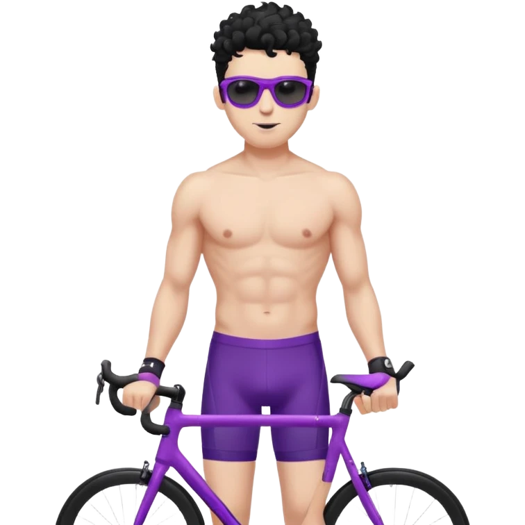 shirtless male athlete with white skin and moderately curly black hair on top with shaved sides, wearing purple bike sunglasses with black tinted lenses emoji