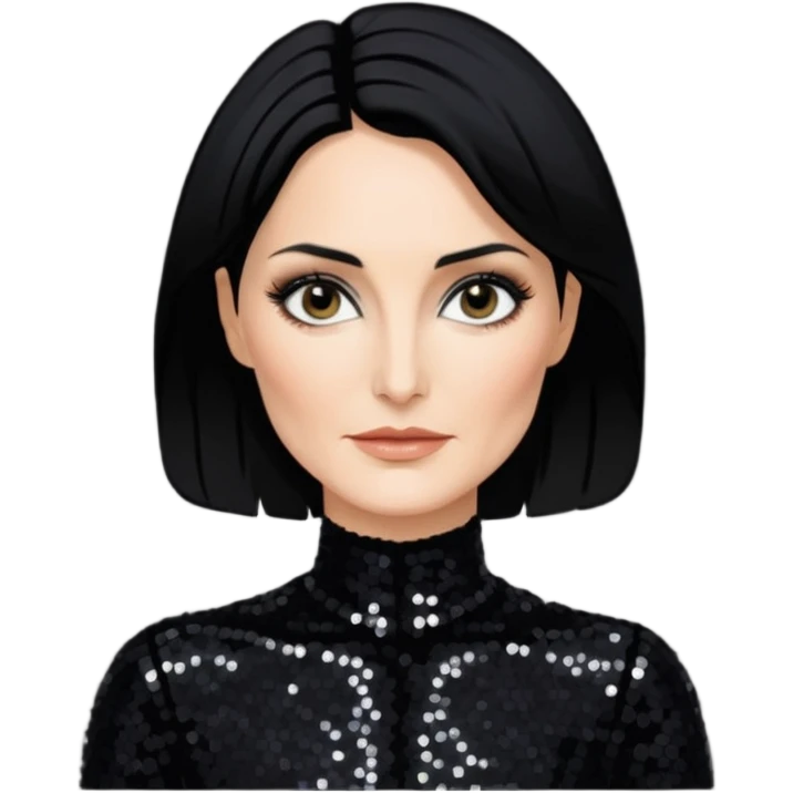 Carrie-Anne Moss with black hair, black sequin outfit emoji