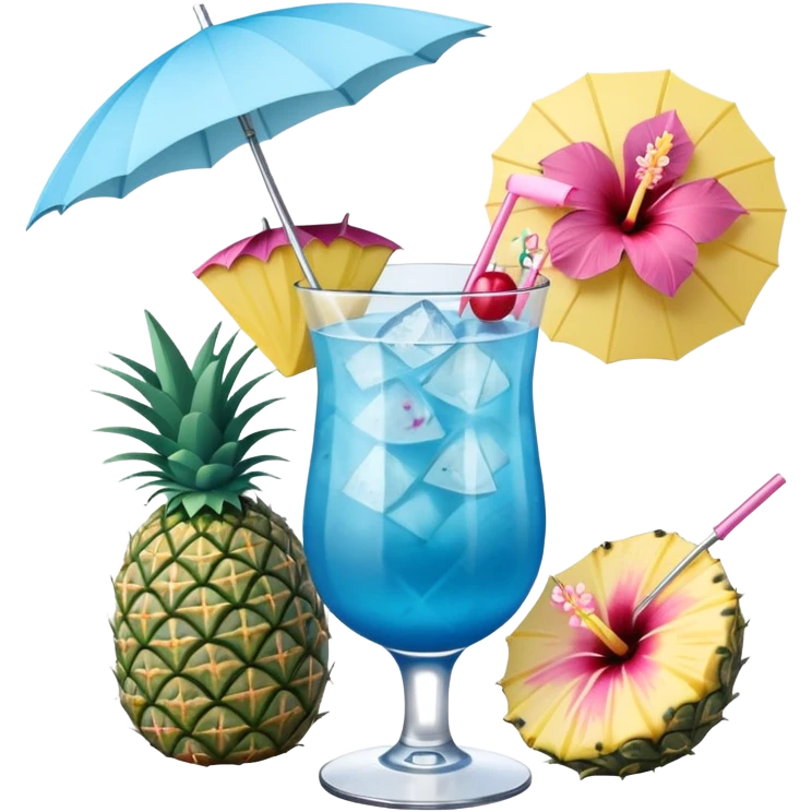 blue tropical cocktail with hibiscus, pineapple, and tiny pastel paper umbrella garnishes emoji