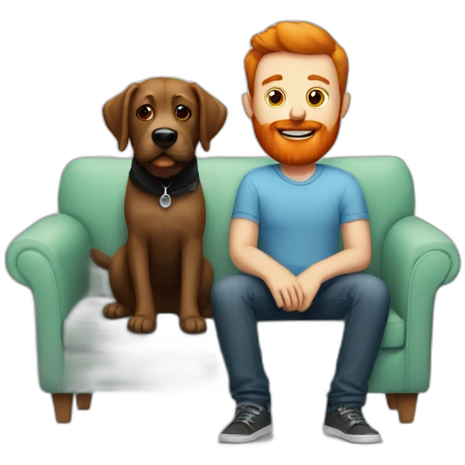 a man with a red beard sits on the sofa instead with a black labrador emoji