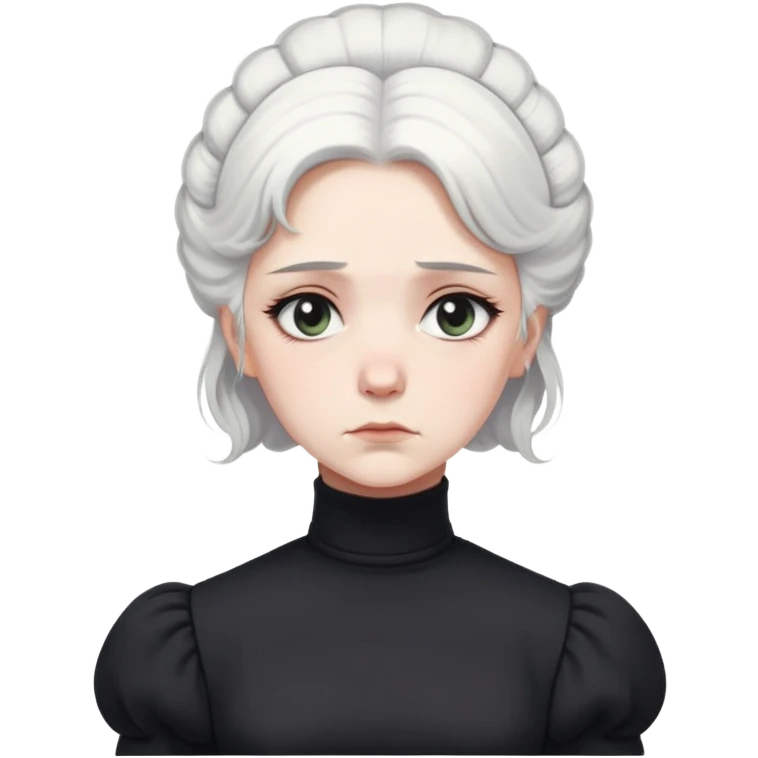 A Victorian woman with simple coiffed white hair and light eyes wearing a simple monochrome black turtleneck mourning dress with puffed sleeves looking down with a forlorn, miserable expression emoji