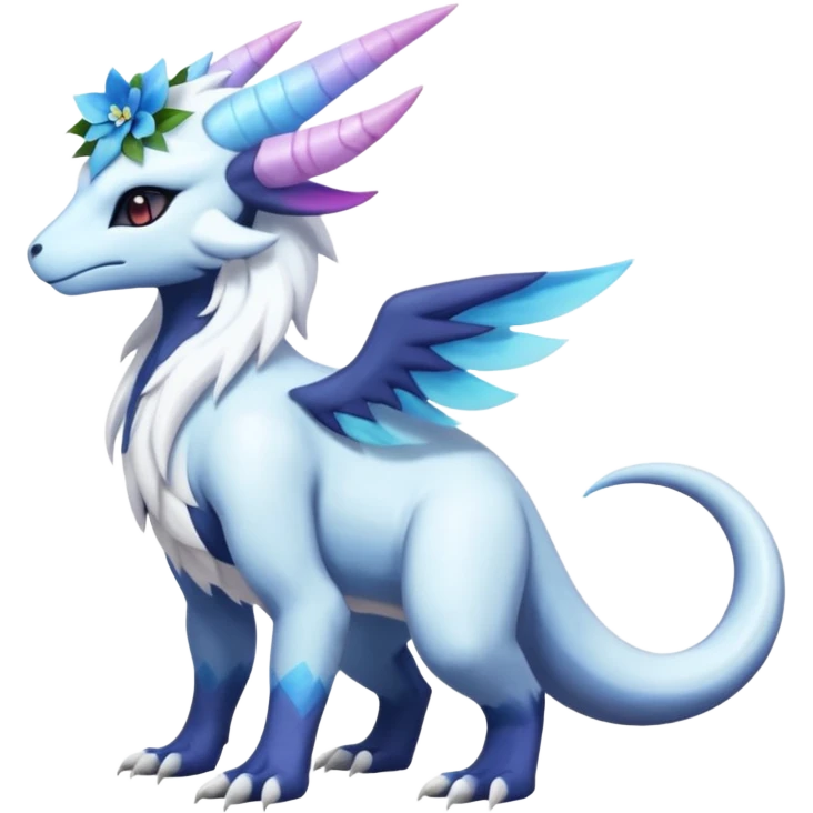 Shiny Glossy Pastel Light Divine Reptilian Beautiful Floral Snowy Pretty Absol-Amaura-Suicune-Cobalion-fusion, full body emoji