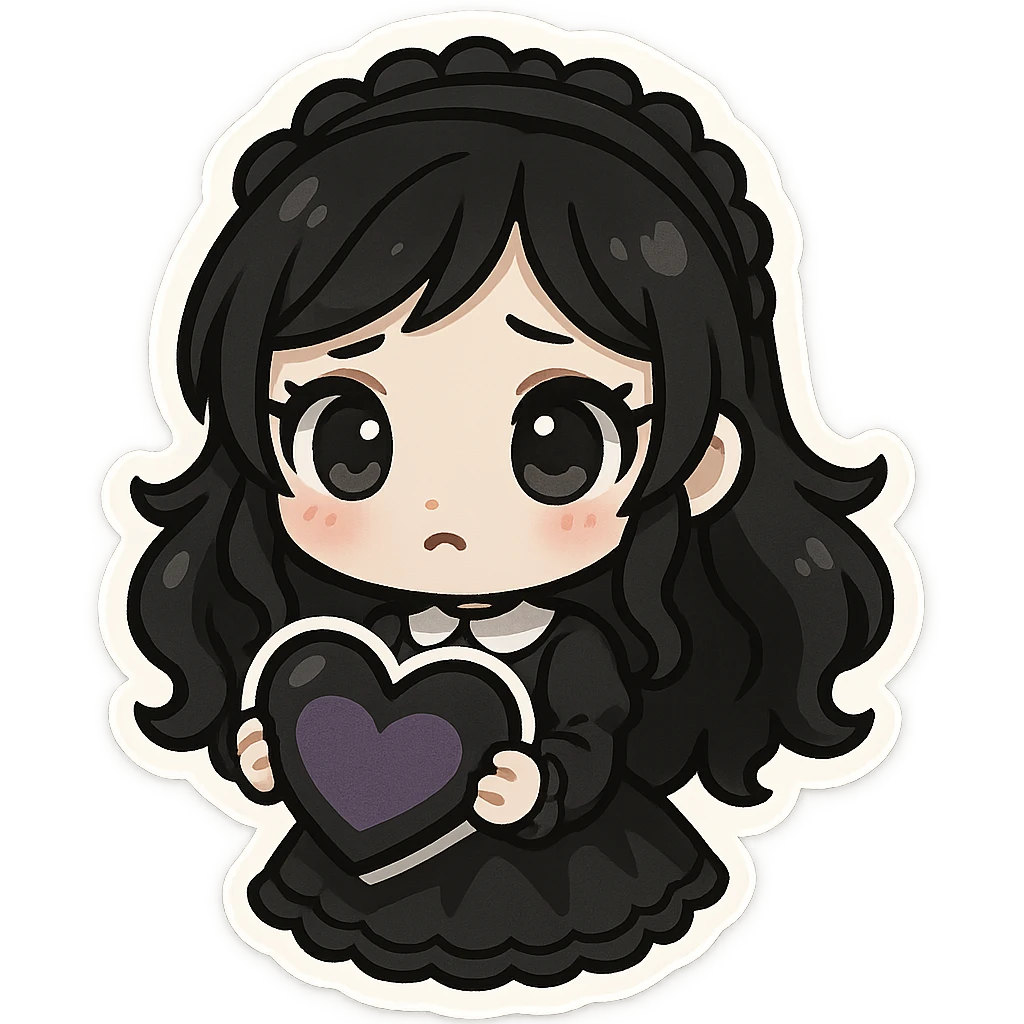 gothic chibi sticker, black and purple heart, cute and expressive, emoji style emoji