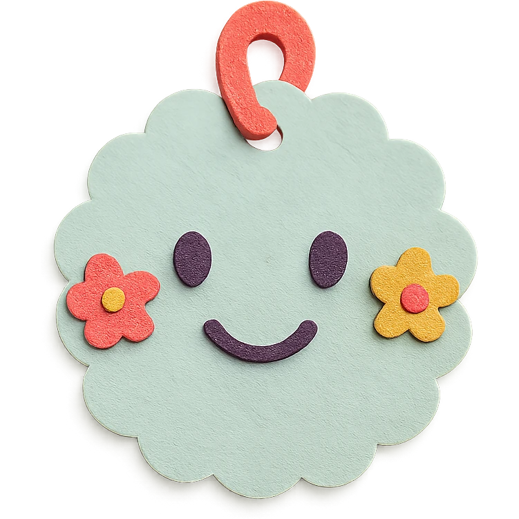soft pastel round scalloped tag sticker with tiny flowers, paper craft style, with a smiling face accent emoji