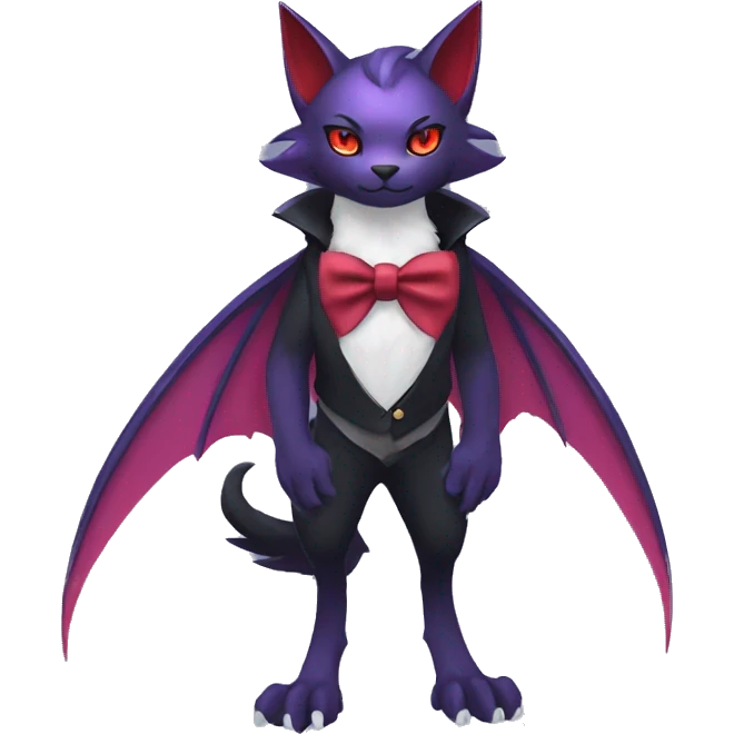 cool kawaii black purple red ethereal fantasy beautiful elegant nargacuga-bat-Zoroark-cat-Fakemon collar harness bow tie and bracers full body emoji