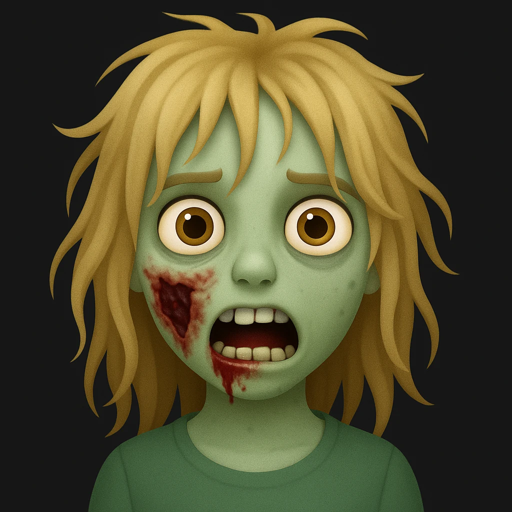 Create a girl zombie with messy blonde hair in the style of apple emojis, focusing on the messy blonde hair and zombie traits. emoji