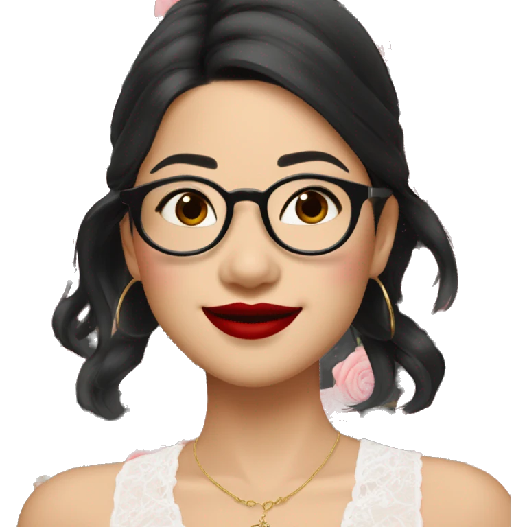 Asian girl, smiling with teeth and dimples on the cheeks, fair skin, black long hair, black eyes, black glasses with gold frames, red lipstick, wearing a white lace tank top and a black office jacket on top, with pink and red roses around her emoji