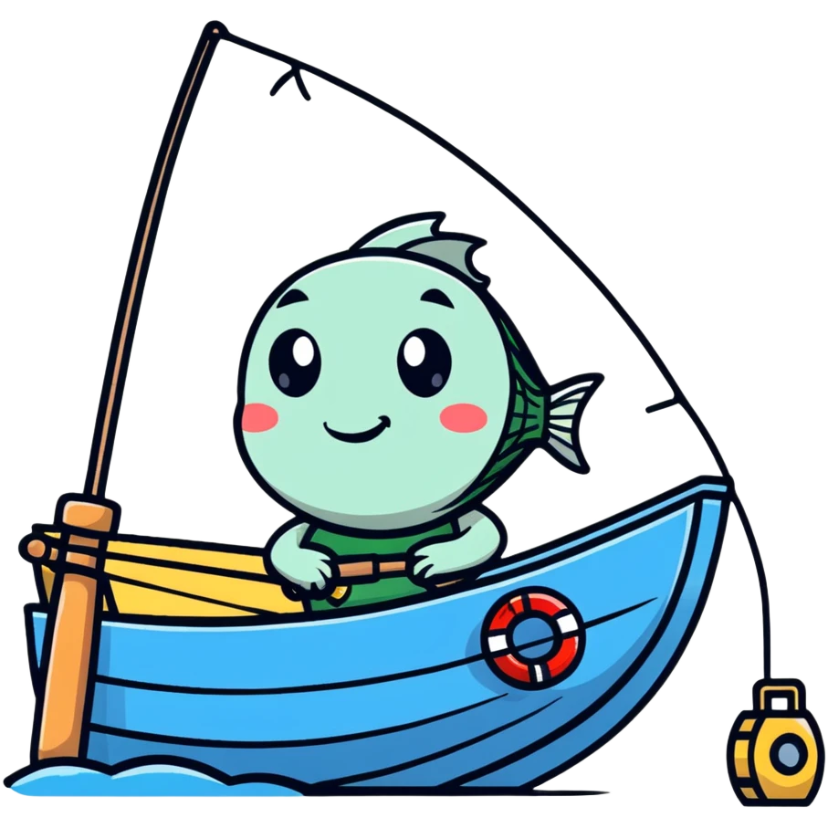 A cartoon fishing boat with a friendly face and tiny fishing rod emoji