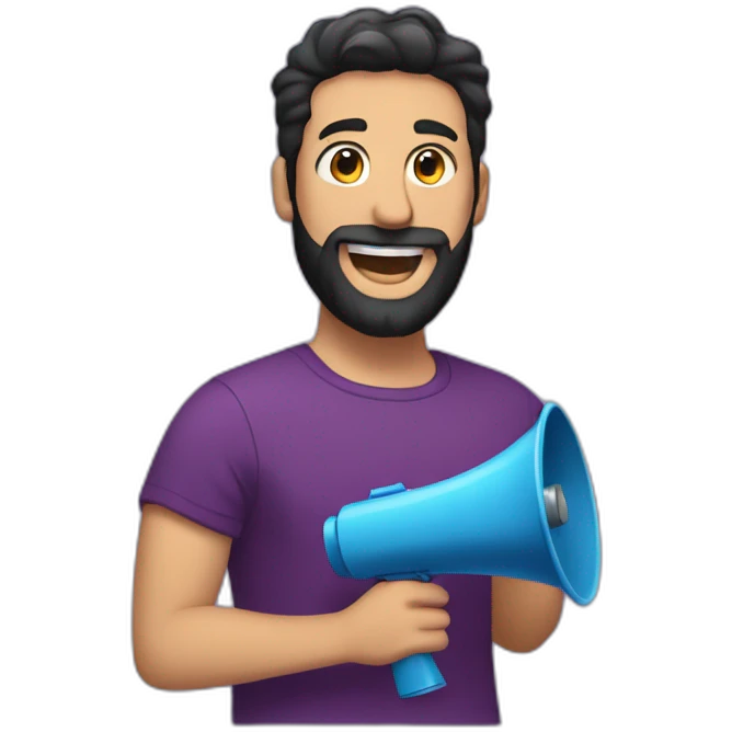 a white man with a black beard, holding a red megaphone next to his mouth, he wears a purple tshirt, smiling,he has a modern haircut emoji