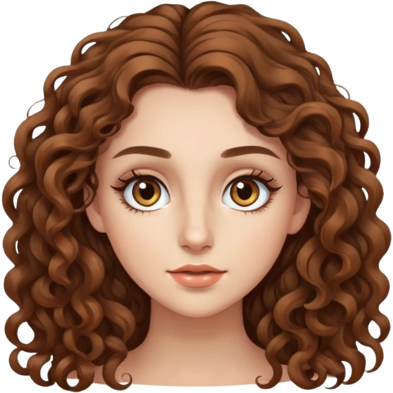 young woman with long curly brown hair, hazel eyes, long eyelashes emoji