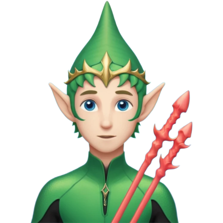 male elf in iridescent wetsuit, coral staff. Gills on neck emoji