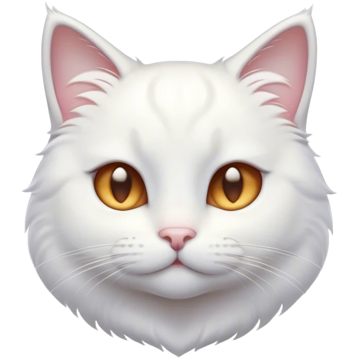 Cinematic Cute White Cat Portrait Emoji, Head tilted with a soft, gentle smile and sparkling eyes, featuring a silky, pristine white fur with subtle silver highlights, simplified yet irresistibly adorable, highly detailed, glowing with a warm, snowy glow, high shine, radiating affectionate charm and tender grace, styled with a light, playful outline, capturing the essence of a cute white cat that looks as if it could melt your heart with a single blink! emoji