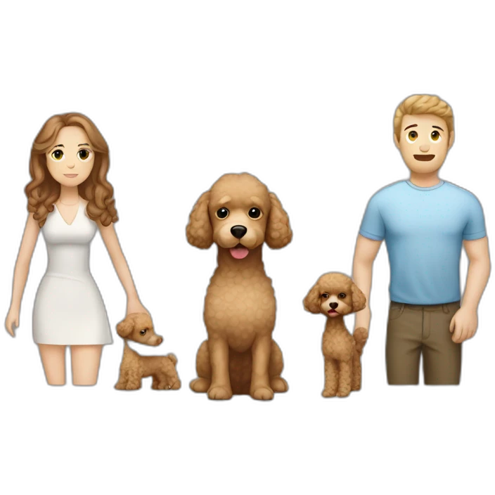 A family consisting of 1 white man with light brown hair, 1 white woman with dark brown hair and a toy poodle with brown hair, heads alone and no children emoji
