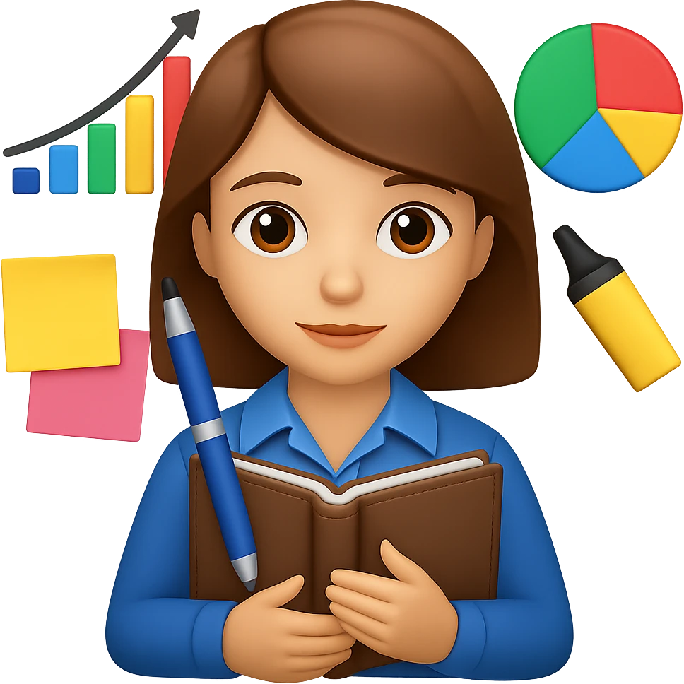 Add marketing accessories such as charts, pie charts, highlighter pen, and post-its around the subject, maintaining the iOS 18 emoji style with a transparent background. emoji