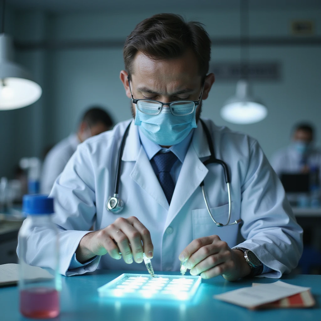 realistic doctor in laboratory preparing slide with fecal sample for parasitological analysis, instruments and containers visible emoji