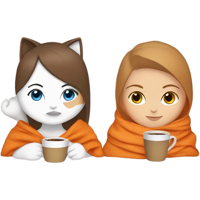 White girl blue eyes brown hair sipping coffee in a blanket with orange and white cat emoji