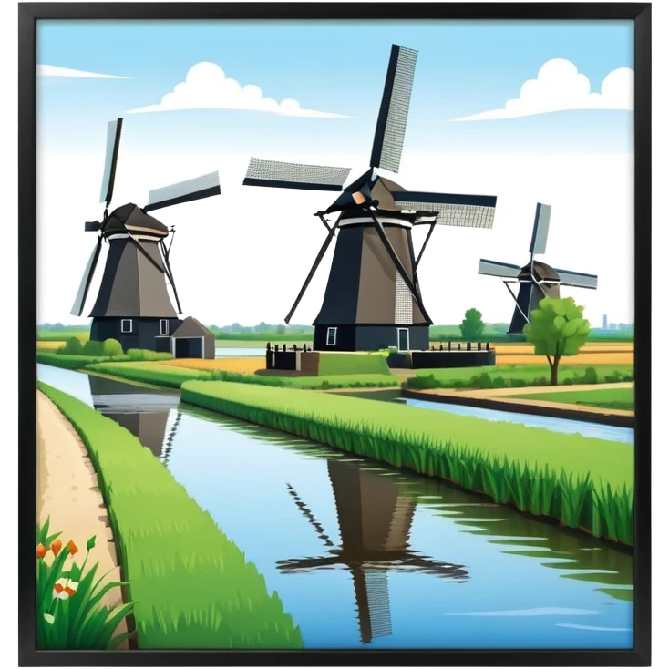 cinematic-realistic-kinderdijk-windmills-landmark-emoji,-showcasing-traditional-dutch-windmills-aligned-along-a-tranquil-canal,-with-lush-green-fields in a picture frame emoji