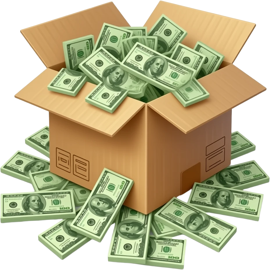 package that is open with dollar bills overflowing the package emoji