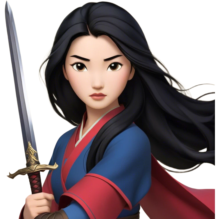 Cinematic Realistic Mulan Portrait, depicted with lifelike skin texture, soft natural lighting, and intricately detailed long black hair styled elegantly. Her deep, expressive eyes exude determination and grace, complemented by a serene yet confident expression. She stands with one hand resting on the hilt of her sword, the other by her side, exuding strength and poise. She is dressed in her classic attire, with rich fabric textures and delicate folds that catch the light beautifully. The portrait features a soft, enchanting glow with a natural, radiant finish, capturing the essence of timeless strength and beauty in a realistic and painterly style, evoking a sense of depth and authenticity. emoji