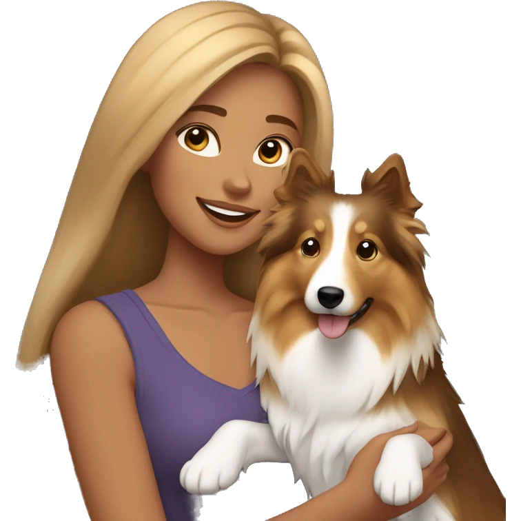 yong woman with light-broun straight hair holds a sable sheltie emoji