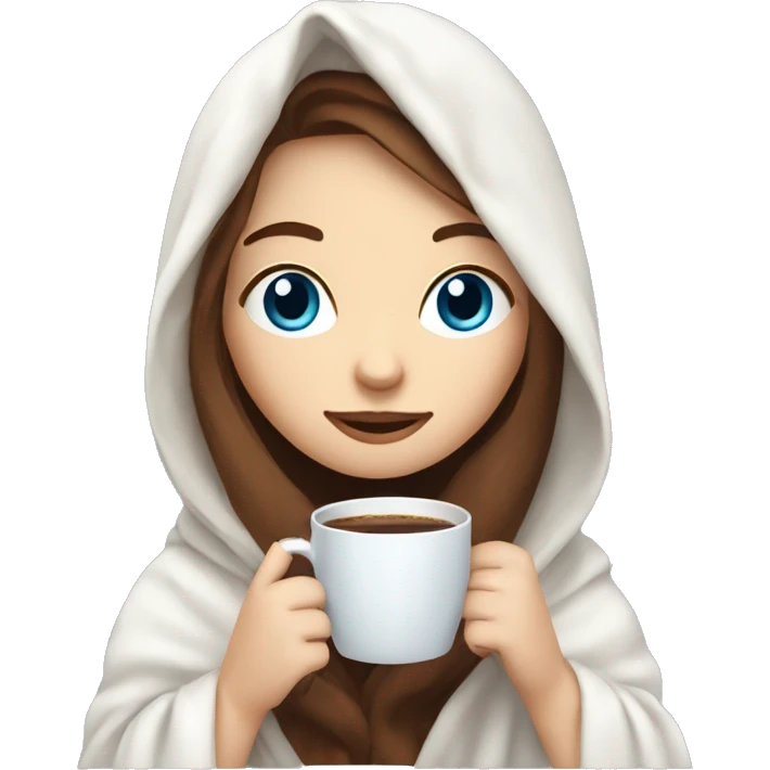girl with pale skin with bleu eyes and brown long hair inside a white blanket sipping coffee emoji