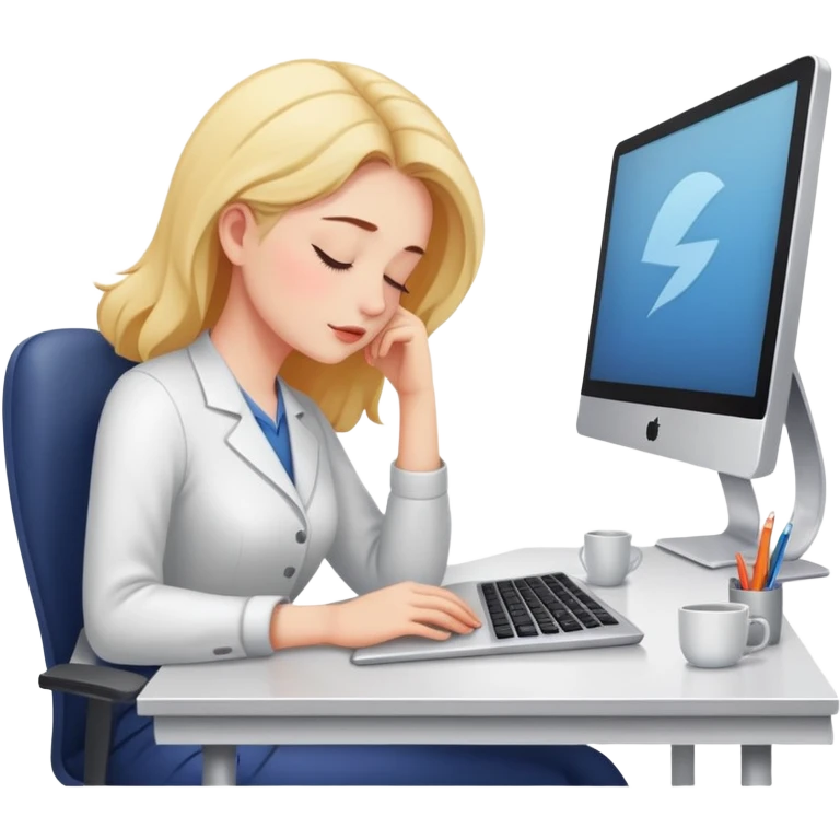 Woman dozing off at workspace with computer emoji